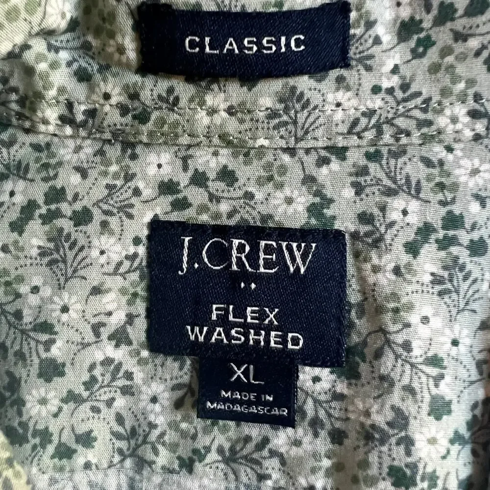 J Crew Men's XL Green Button-Down Shirt Cotton Blend Classic Fit Flex Washed